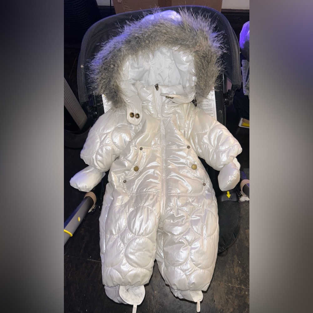 Diesel baby opalescent white soft snow suit bunny hooded fur trim hat y2k vtg 6m